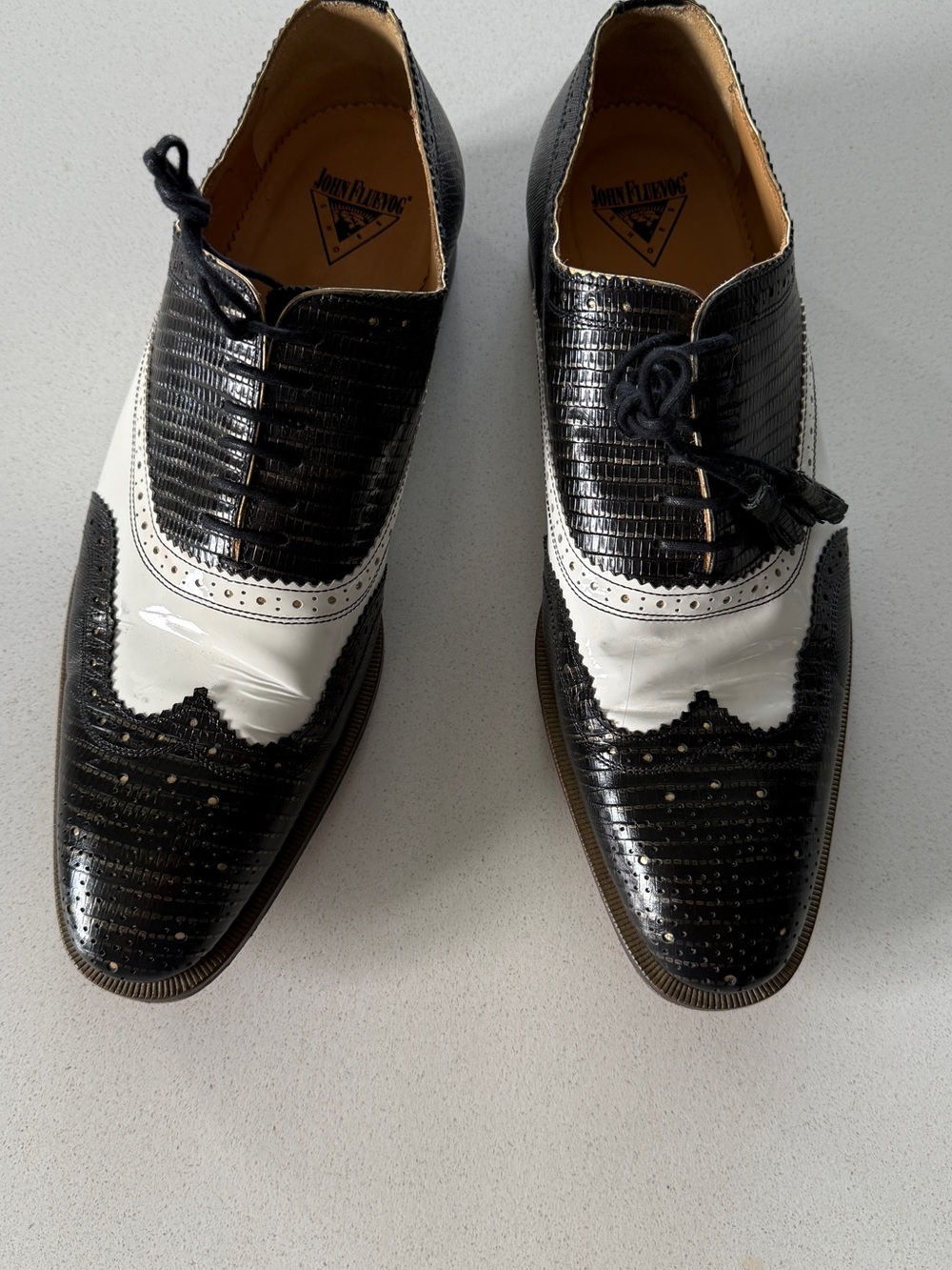 John Fluevog Black and White Two-Tone Wingtip Oxfords